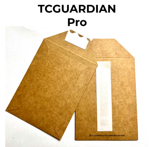 Two brown kraft paper envelope-style mailers with a clear window on one piece and a white insert, shown on a white background with the text 'TCGUARDIAN Pro' at the top.