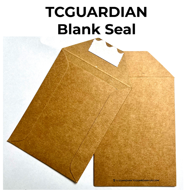 Two blank kraft paper envelope-style seals with a small white label area on top, shown on a white background with the text 'TCGUARDIAN Blank Seal' at the top.
